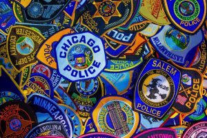 local police badges scattered around