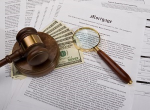 mortgage papers with gavel, cash and magnifying glass