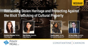 cover design for webinar on stolen heritage and cultural property trafficking