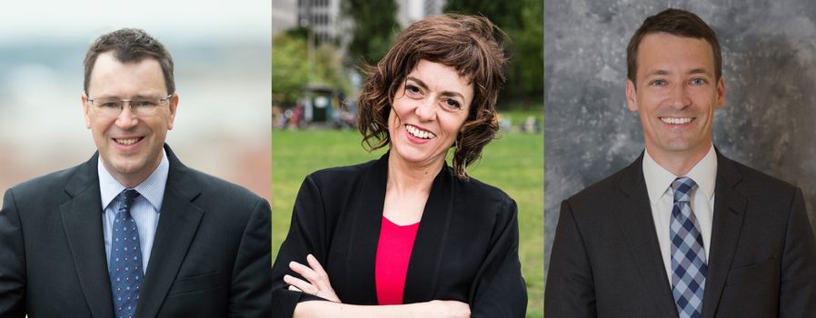 Headshots of attorneys Edward Baker, Mary Inman, and Michael Ronickher